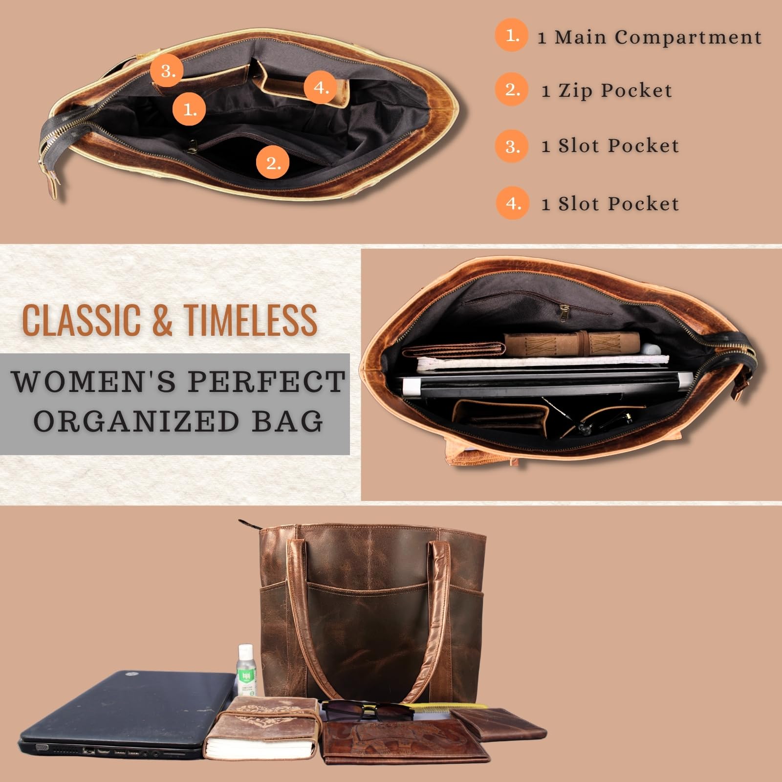 Madosh Genuine Leather Brown Tote Bag Messenger Bag Ladies Purse Crossbody Shoulder Satchel Handbag